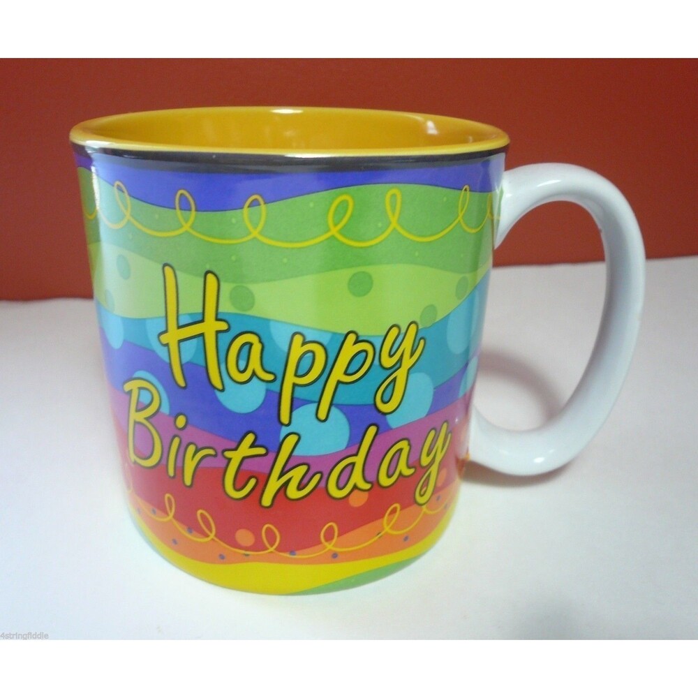 Happy Birthday Coffee Mug in Very Bright Colors by Burton and Burton 10 oz.
